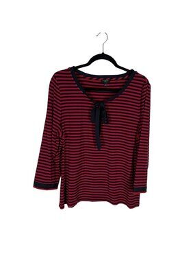 Talbots Petites Women XLP Red/Navy Blue Tie Round Neck 3/4 Sleeve Striped Top